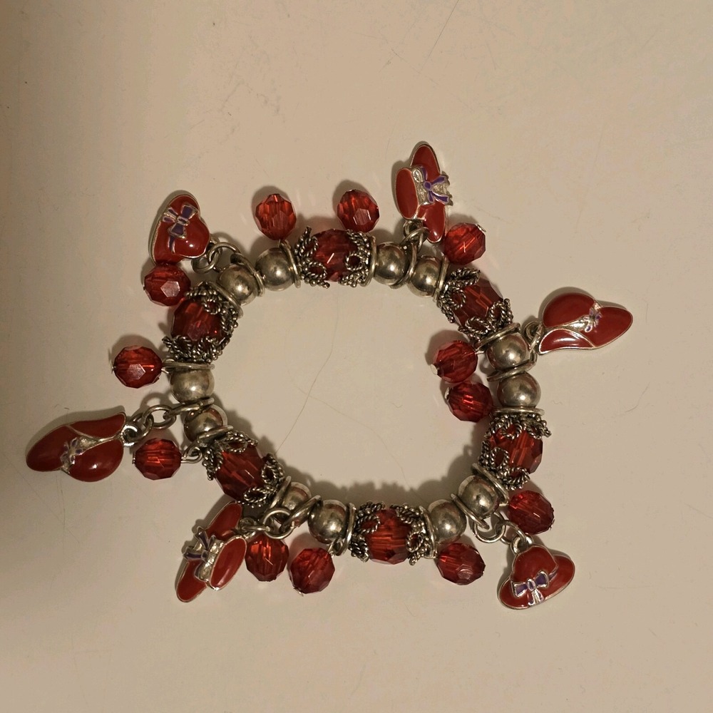 Vintage Red Hat Society Bracelet Stretch Red Beads Red Enamel Hat Charms
